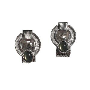 Vintage Cuff Links Mens Green Stone Silver Tone Metal Retro Design Jewelry Pair